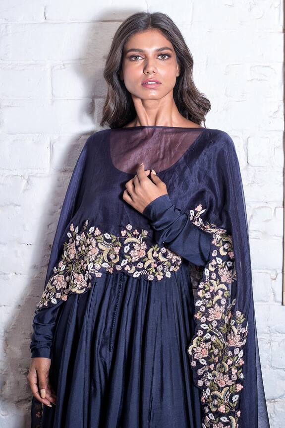 Vasavi Shah Blue Muslin Silk Anarkali With Embroidered Cape 5