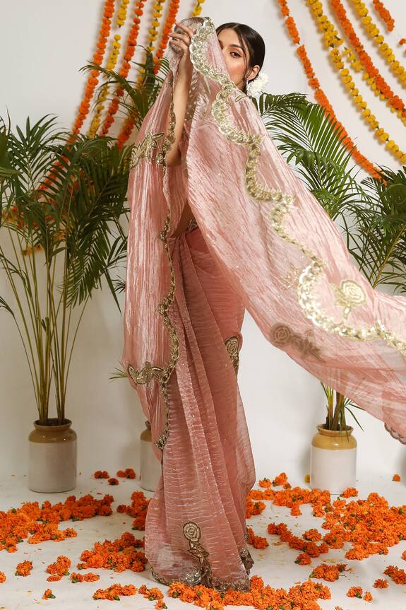 Ruar India Pink Gulab Silk Tissue Embroidered Saree Set 3