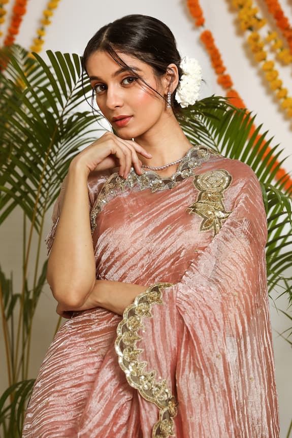 Ruar India Pink Gulab Silk Tissue Embroidered Saree Set 4