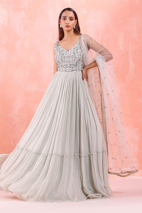 Mirroir Silver American Crepe Embroidered Bodice Anarkali Gown With Dupatta 0