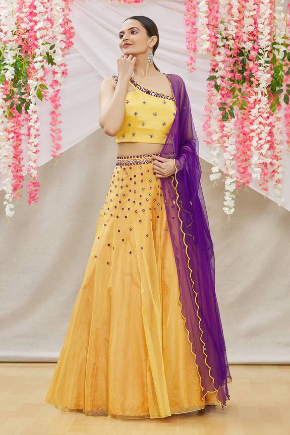 Buy_Nazaakat by Samara Singh_Yellow Crepe Embroidered Kalidar Lehenga Set_at_Aza_Fashions