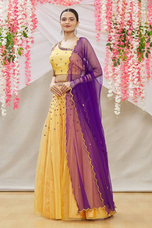Buy_Nazaakat by Samara Singh_Yellow Crepe Embroidered Kalidar Lehenga Set_Online_at_Aza_Fashions