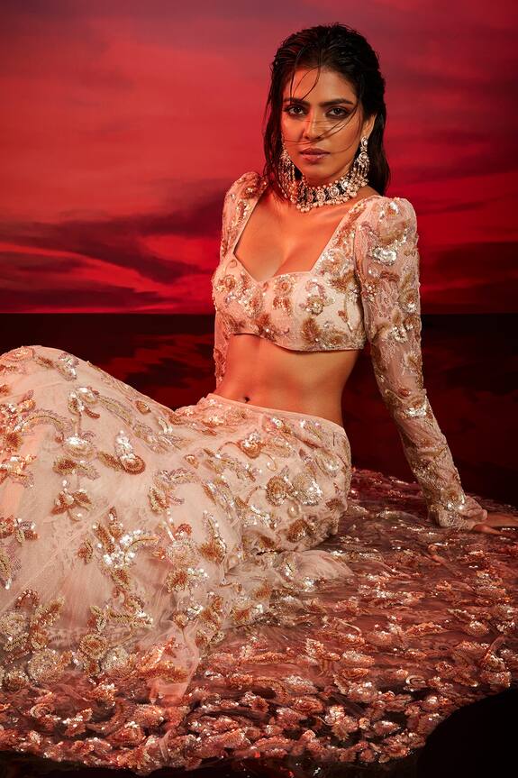 Shehlaa Khan Pink Tulle Lace Work Lehenga Set 0