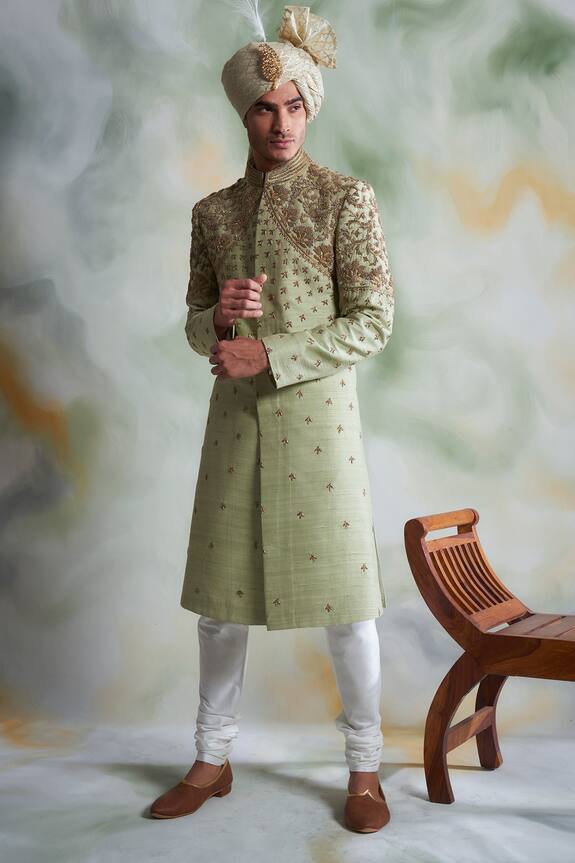 Gargee Designers Green Raw Silk Floral Embroidered Sherwani Set 1