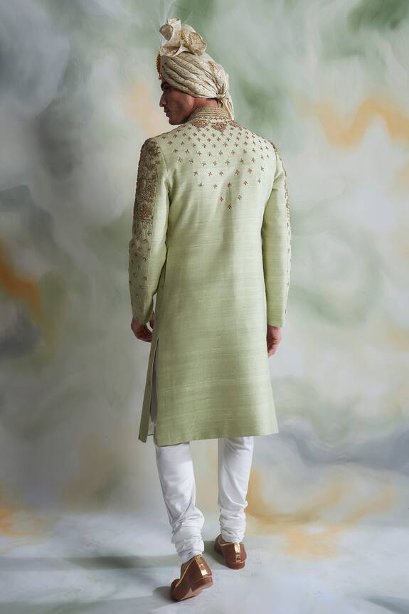 Gargee Designers Green Raw Silk Floral Embroidered Sherwani Set 2