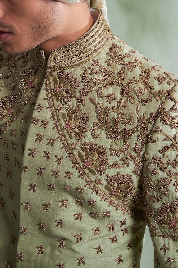 Gargee Designers Green Raw Silk Floral Embroidered Sherwani Set 4