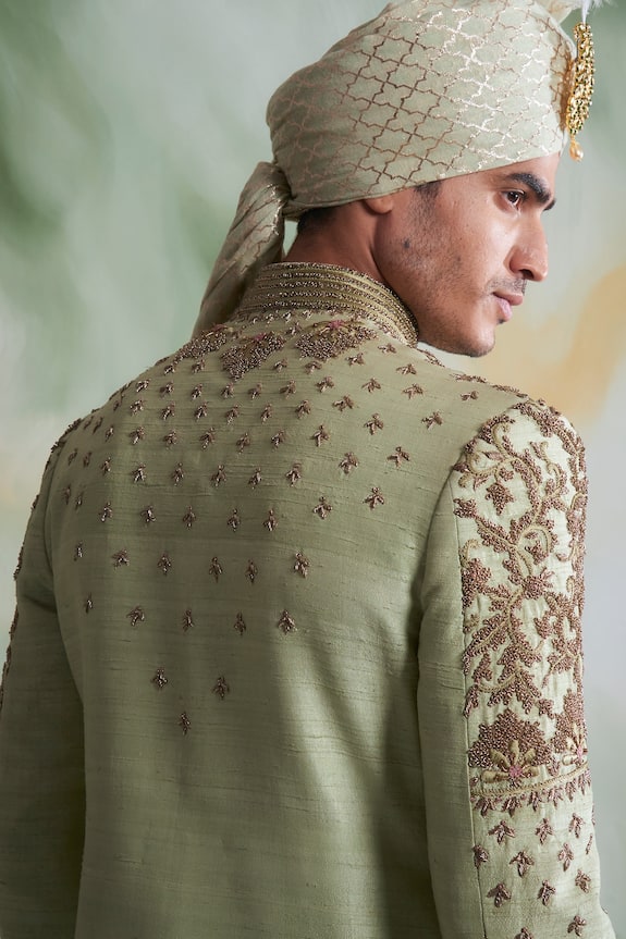 Gargee Designers Green Raw Silk Floral Embroidered Sherwani Set 5