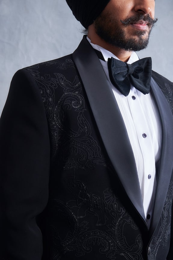 Gargee Designers Black Poly Viscose Embroidered Tuxedo Jacket And Pant Set 6