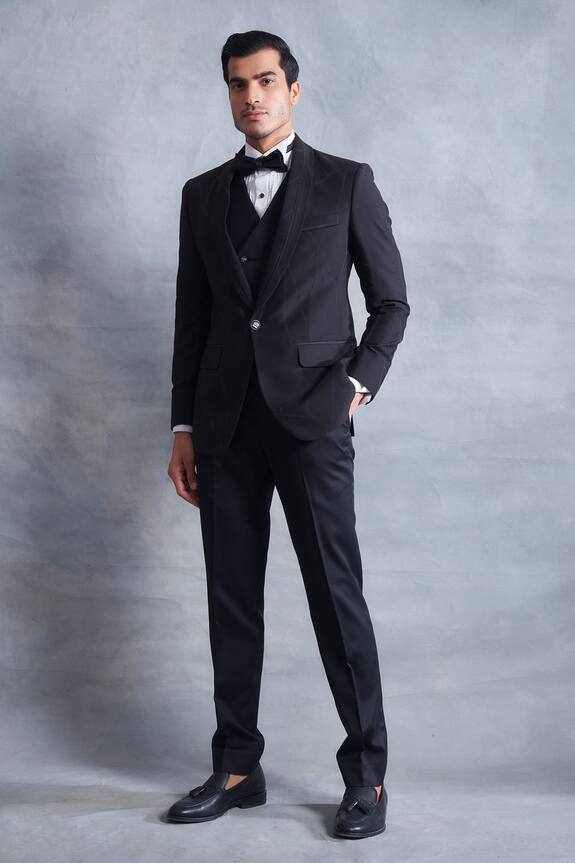 Gargee Designers Black Textured Poly Viscose Embroidered Tuxedo Jacket Pant Set 1