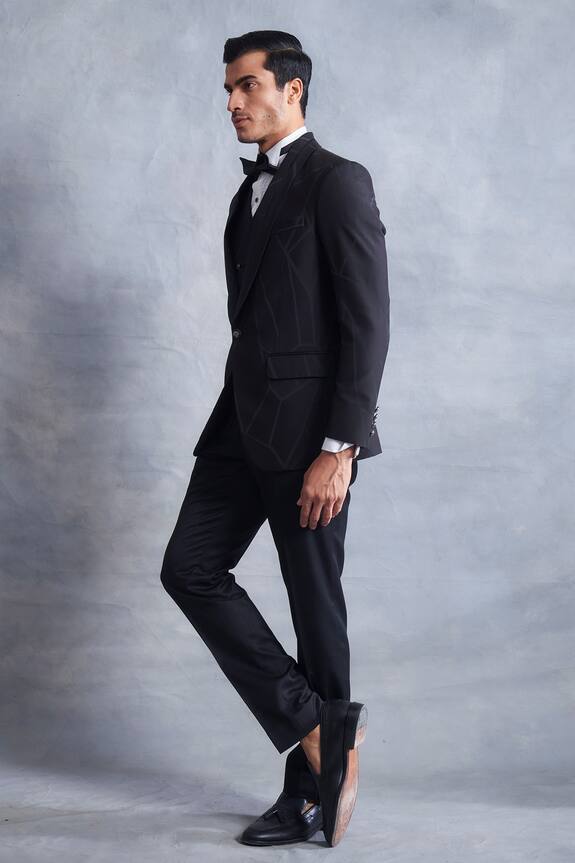 Gargee Designers Black Textured Poly Viscose Embroidered Tuxedo Jacket Pant Set 3