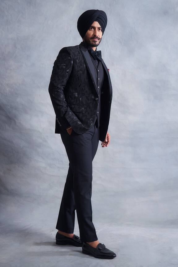 Gargee Designers Black Textured Poly Viscose Embroidered Tuxedo Jacket Pant Set 3
