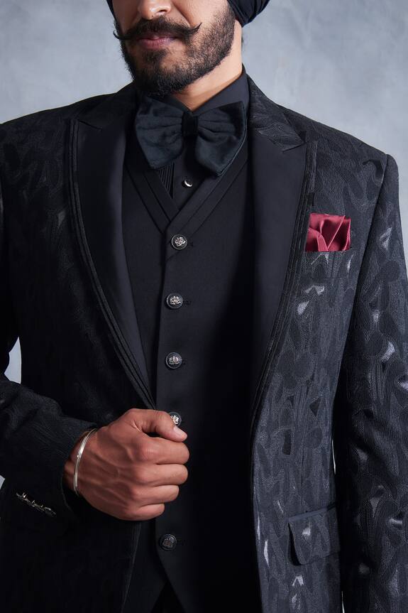 Gargee Designers Black Textured Poly Viscose Embroidered Tuxedo Jacket Pant Set 5