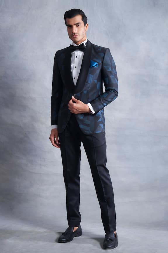 Gargee Designers Blue Poly Viscose Printed Tuxedo Jacket And Pant Set 1