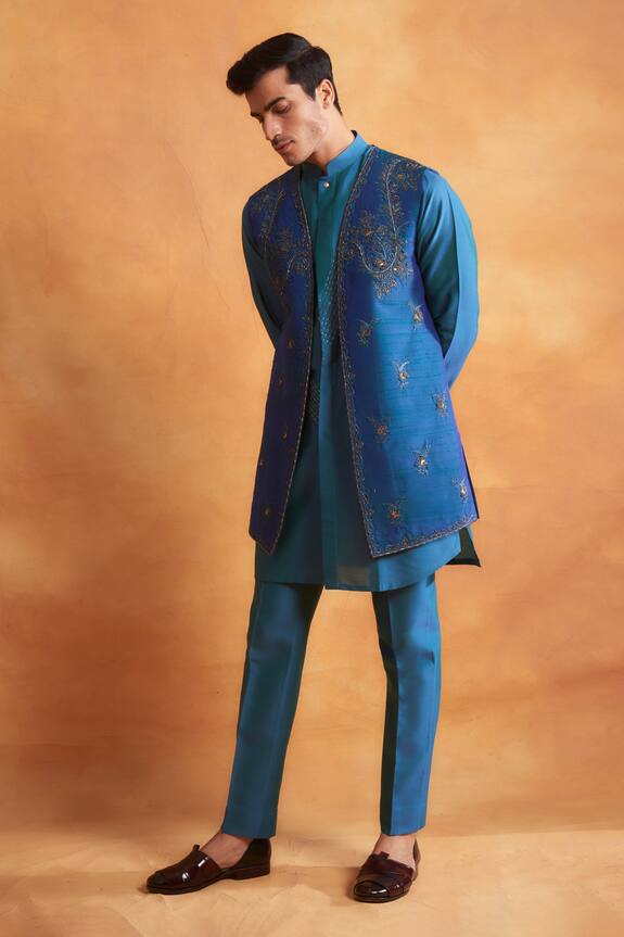 Gargee Designers Blue Raw Silk Floral Embroidered Jacket Kurta Set 1