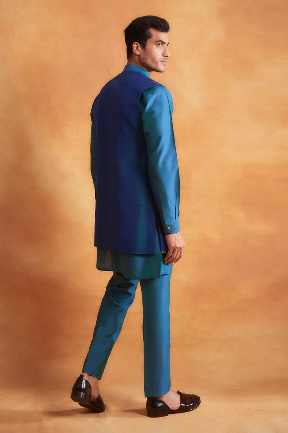 Gargee Designers Blue Raw Silk Floral Embroidered Jacket Kurta Set 2