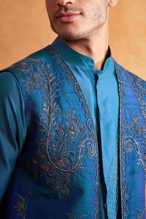 Gargee Designers Blue Raw Silk Floral Embroidered Jacket Kurta Set 4