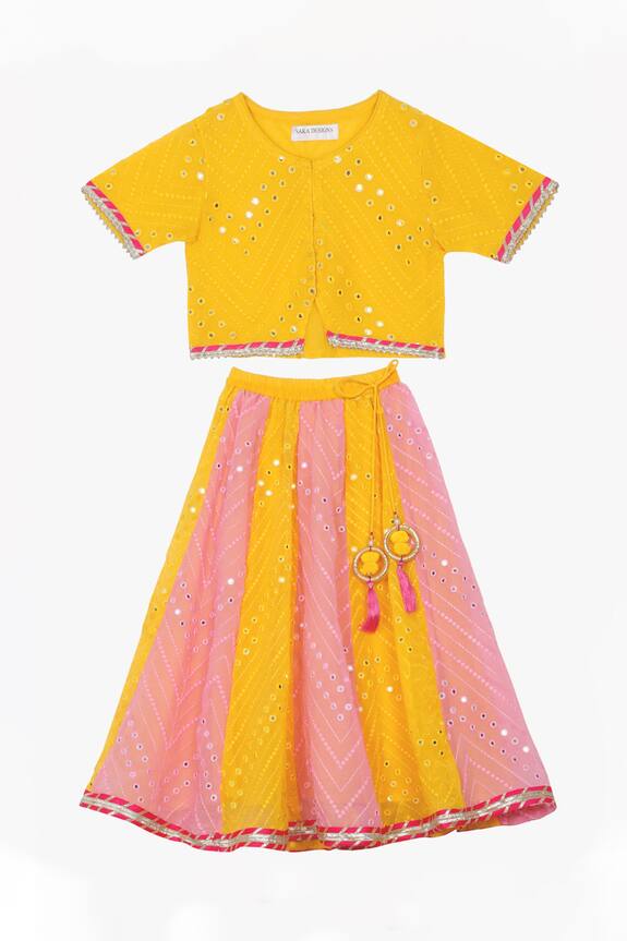 Saka Designs Yellow Mirror Embroidered Lehenga Set For Girls 2