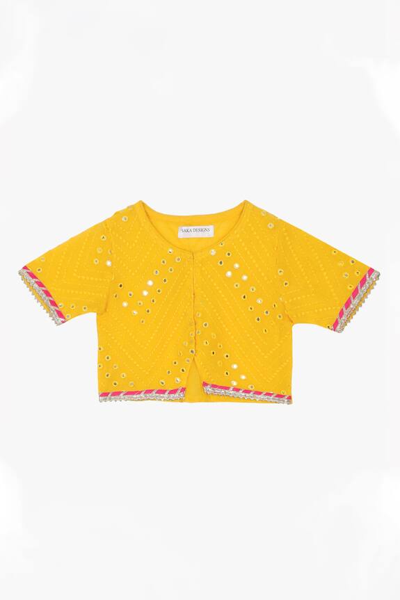 Saka Designs Yellow Mirror Embroidered Lehenga Set For Girls 3
