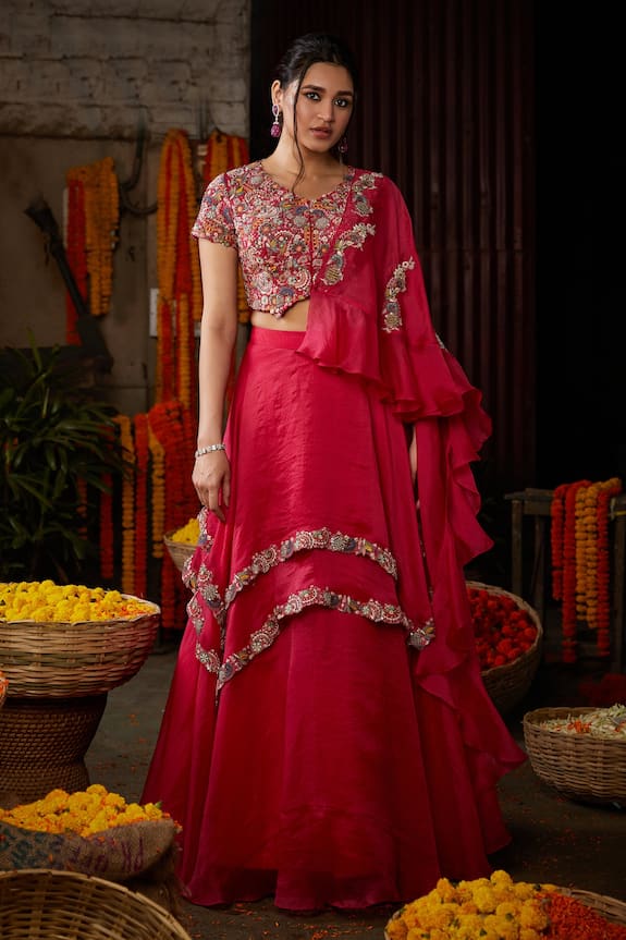 Nehha Nhata Pink Organza Floral Embroidered Choli And Lehenga Set 1