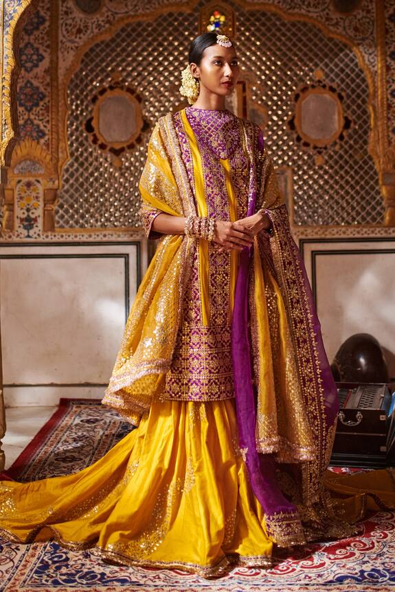 Itrh Yellow Silk Chanderi Kurta Sharara Set 0