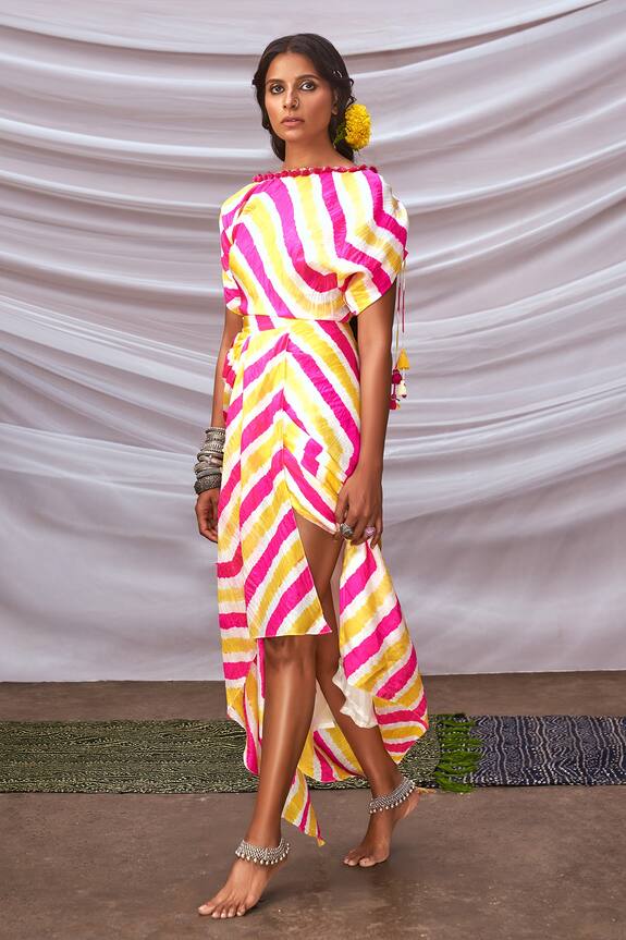 Pink City Yellow Silk Leheriya Maxi Dress 0