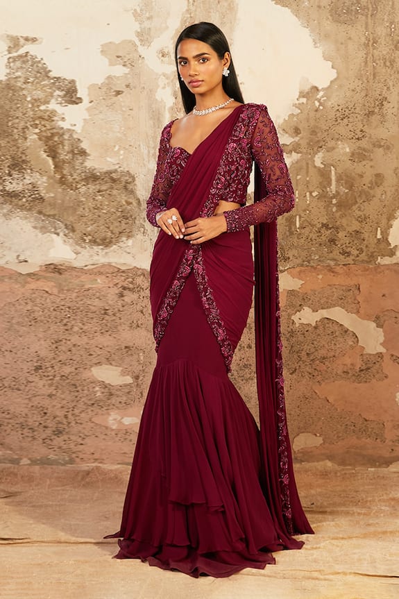 Shloka Khialani Purple Georgette Aubrey Pre-draped Saree With Blouse 0
