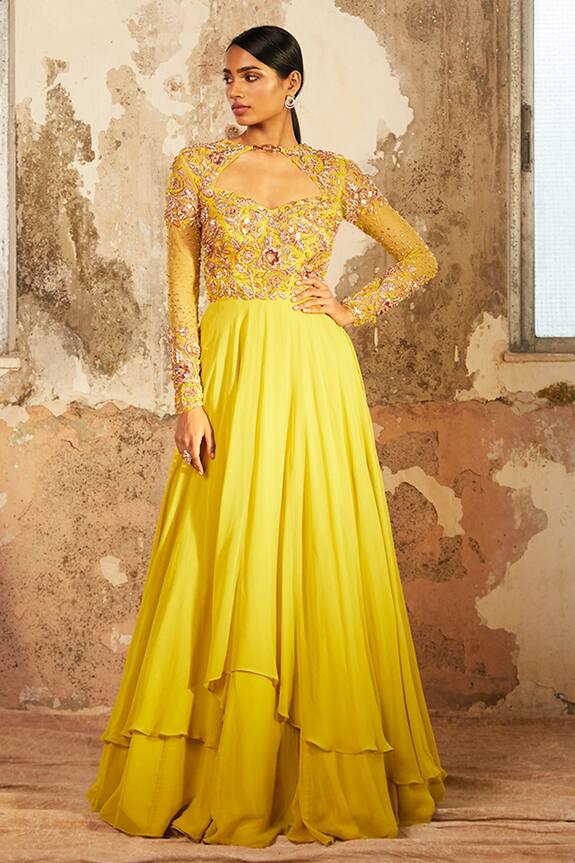 Shloka Khialani Yellow Georgette Azi Floral Embellished Gown 0