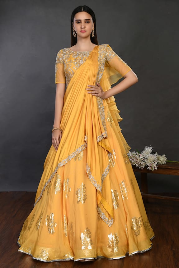 Buy Onaya Yellow Organza Lehenga Saree With Embroidered Blouse Online Aza Fashions 5492