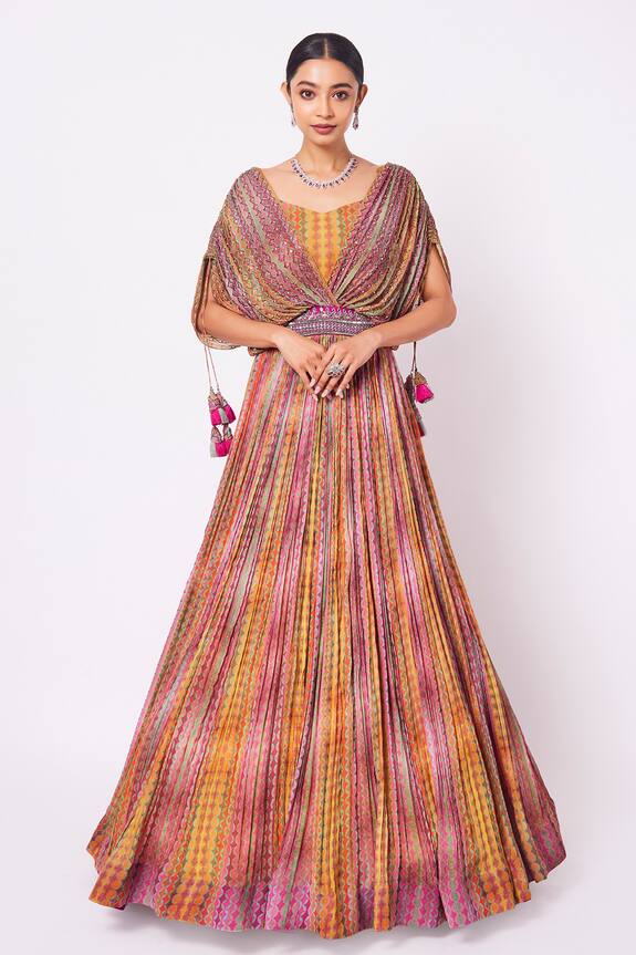 Onaya Multi Color Geometric Print Pleated Gown 0