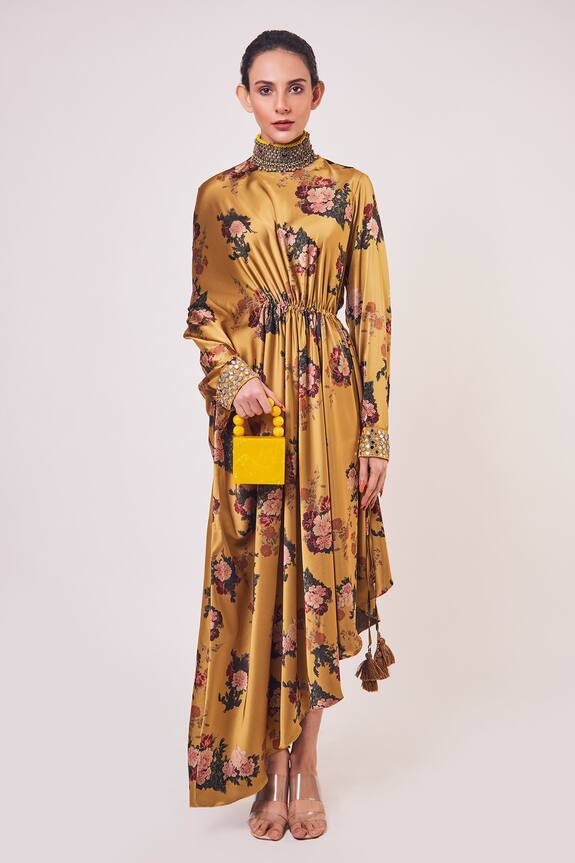 Onaya Yellow Satin Floral Print Asymmetric Dress 0