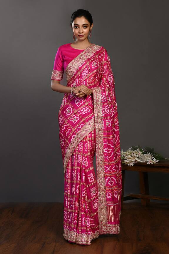 Onaya Pink Silk Bandhej Print Saree With Blouse 0