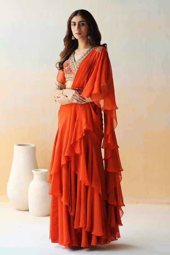 Aman Takyar Orange Georgette Pre-draped Saree With Blouse 3