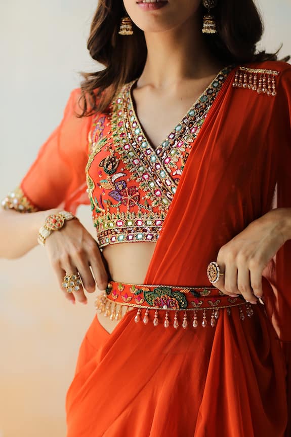 Aman Takyar Orange Georgette Pre-draped Saree With Blouse 5