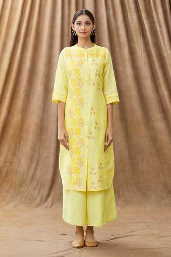 Olive Yellow Silk Chanderi paneled kurta set with all-over small Pink & Yellow flower hand block print. main image 0