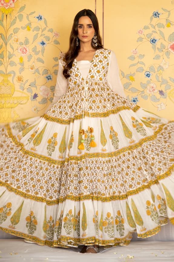Maison Shefali White Cotton Chandni Mughal Print Jacket Pant Set 4