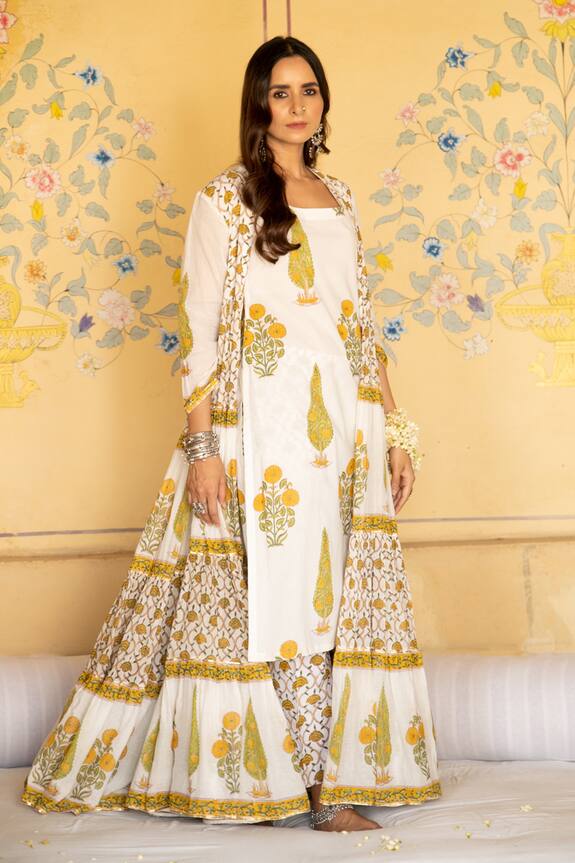 Maison Shefali White Cotton Chandni Mughal Print Jacket Pant Set 3