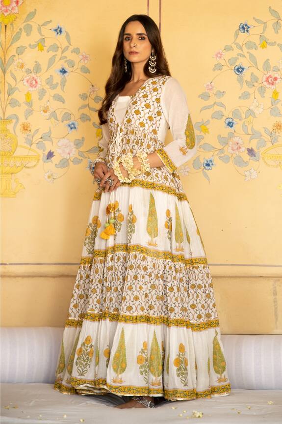 Maison Shefali White Cotton Chandni Mughal Print Jacket Pant Set 5