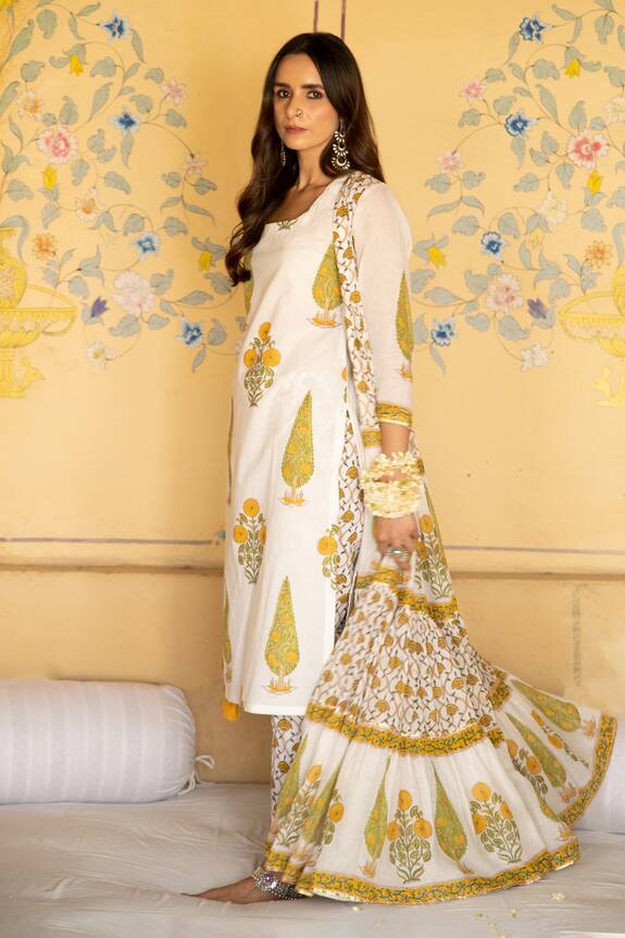 Maison Shefali White Cotton Chandni Mughal Print Jacket Pant Set 6