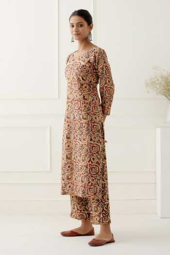 Yellow - Kalamkari Printed Cotton 2pc Kurta Set for women 13