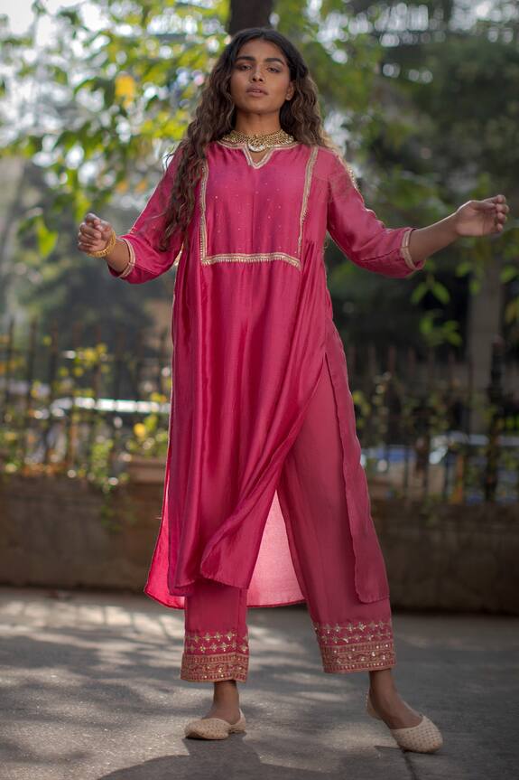 Buy Pants and Pajamas Pink Cotton Silk Nalini Embroidered Hem Pant