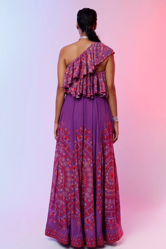 SVA by Sonam & Paras Modi Purple Silk One Shoulder Printed Top And Lehenga Set 2