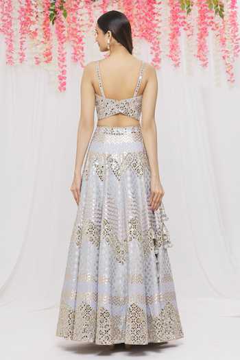 Blue Lenenga Chanderi With Floral Print Lehenga Set main image 0