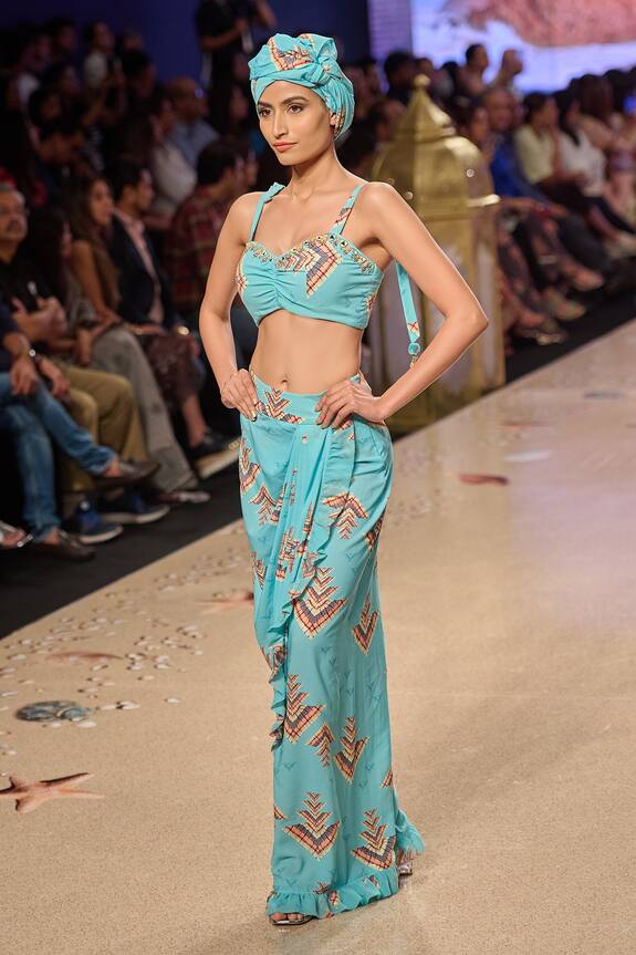 Gopi Vaid Blue Crepe Thea Printed Bustier And Skirt Set 0
