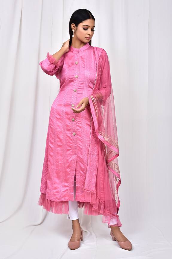 Buy Naintara Bajaj Pink Mandarin Collar Kurta Set Online Aza Fashions