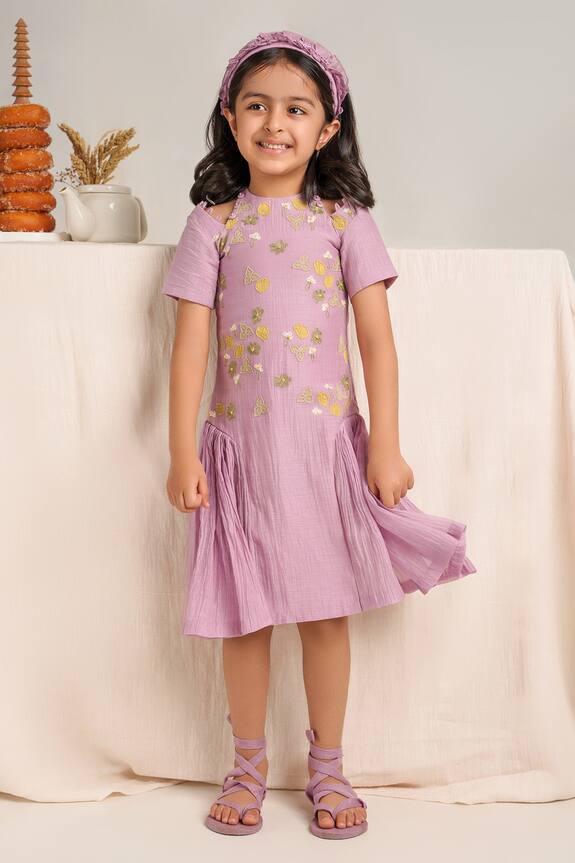 The Right Cut Purple Floral Embroidered Dress For Girls 3