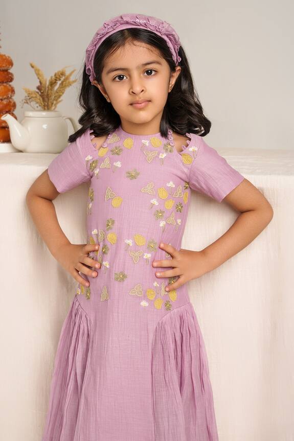 The Right Cut Purple Floral Embroidered Dress For Girls 5