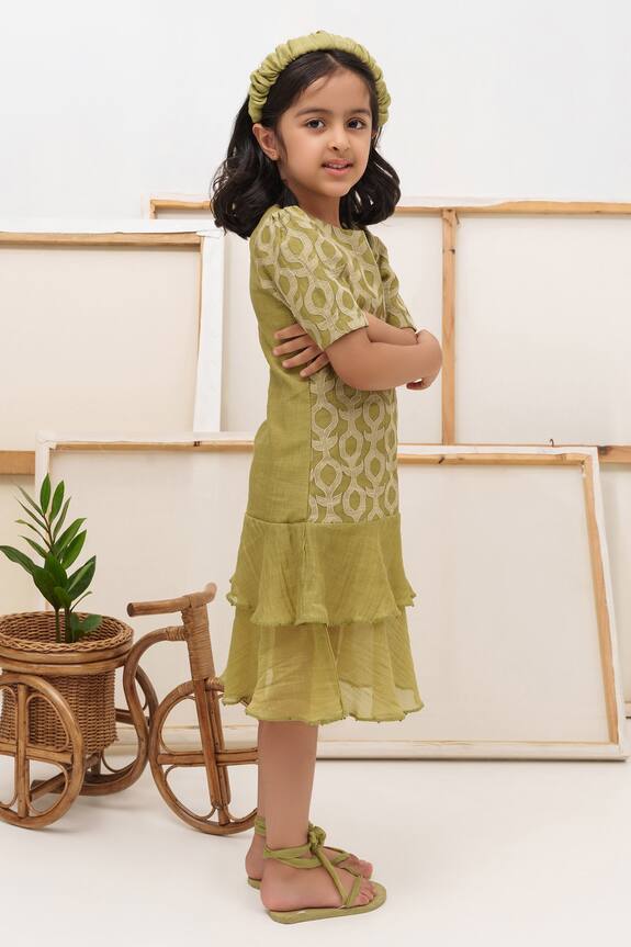 The Right Cut Green Embroidered Ruffle Dress For Girls 3