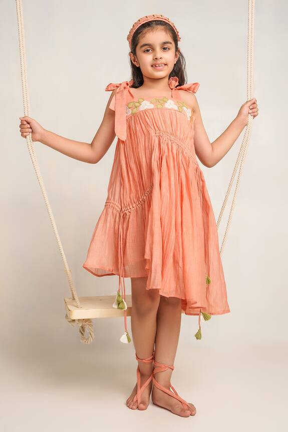 Buy_The Right Cut_Peach Tie-up Dress For Girls_at_Aza_Fashions