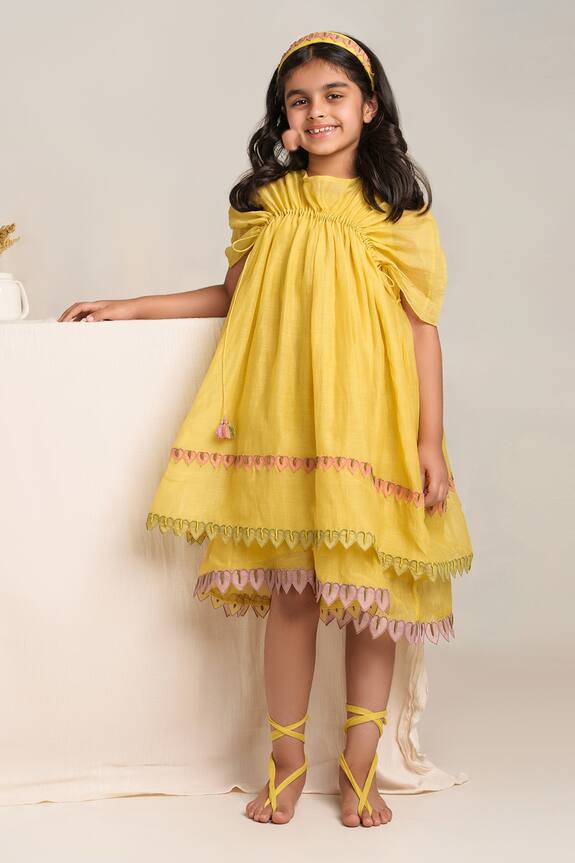 The Right Cut Yellow A-line Gathered Dress For Girls 1