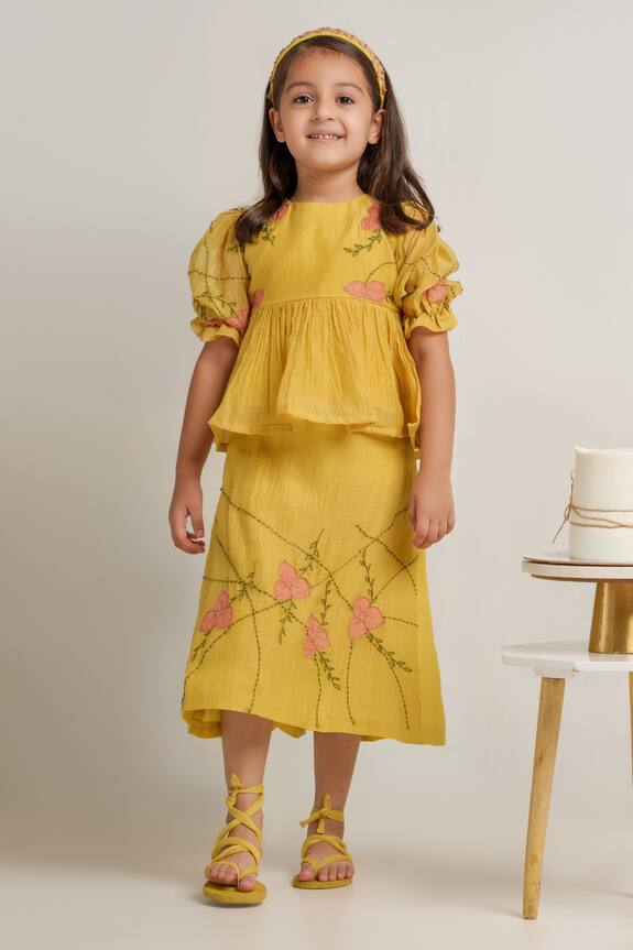 The Right Cut Yellow Peplum Top And Skirt Set For Girls 3